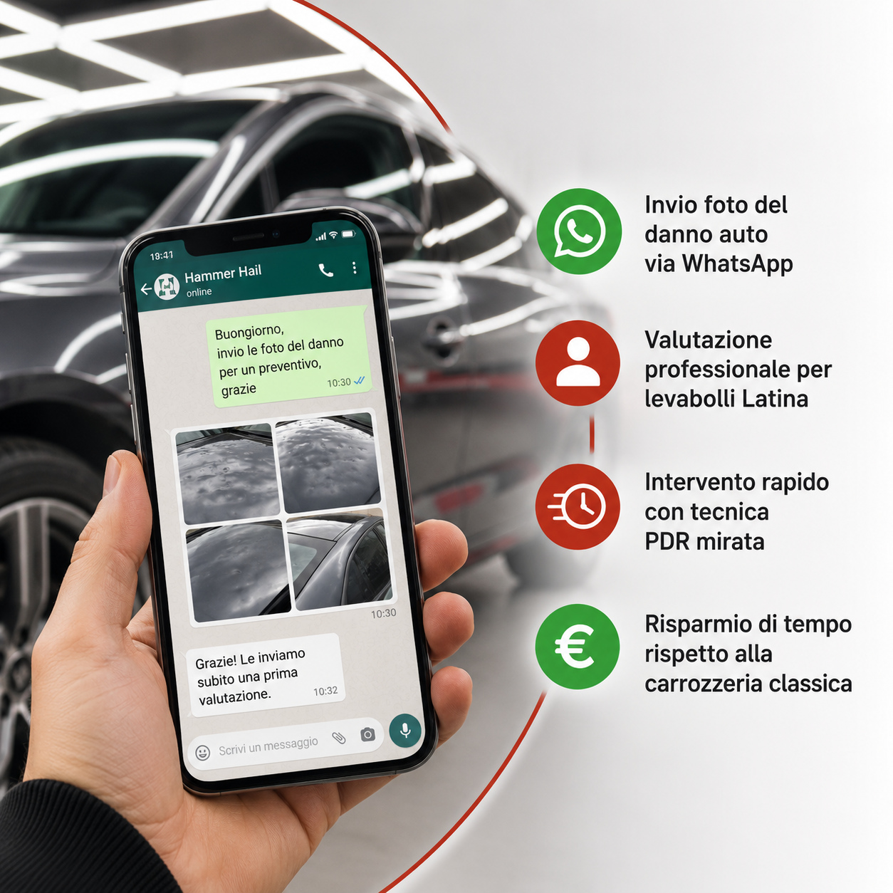 Preventivo rapido WhatsApp per servizio levabolli Latina Hammer Hail
